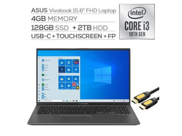 ASUS VivoBook 15.6" FHD Touchscreen Laptop, 1080p NanoEdge, Inetl Core i3-1005G1 Dual-Core, 4GB RAM, 128GB SSD+2TB HDD, USB-C, FP Reader, WebCam, Mytrix HDMI Cable, Win 10 S ASUS