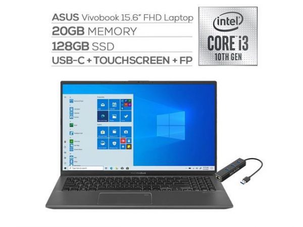 ASUS VivoBook 15.6" FHD Touchscreen Laptop, 1080p NanoEdge, Inetl Core i3-1005G1 Dual-Core, 20GB RAM, 128GB SSD, USB-C, FP Reader, WebCam, Mytrix Ethernet Hub, Win 10 S ASUS