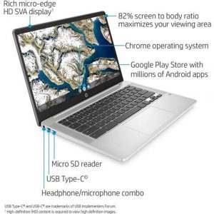 2020 HP Chromebook 14-inch HD Laptop, Intel Celeron N4000, 4 GB RAM, 32 GB eMMC, Chrome (14a-na0010nr, Mineral Silver) HP
