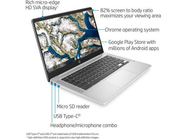 2020 HP Chromebook 14-inch HD Laptop, Intel Celeron N4000, 4 GB RAM, 32 GB eMMC, Chrome (14a-na0010nr, Mineral Silver) HP