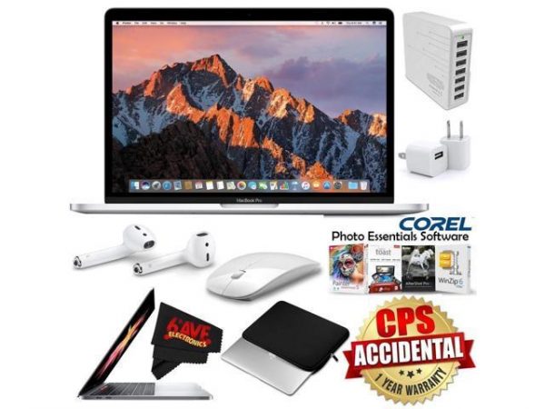 Apple 13.3" MacBook Pro (Mid 2017, Silver) MPXR2LL/A + Apple AirPods Wireless Bluetooth Earphones + Travel USB 5V Wall Charger for iPhone/iPad (White) Bundle Apple