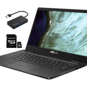 ASUS Chromebook 14.0" 1366 x 768 HD Display Laptop, Intel Celeron N3350, 4GB Memory 32GB eMMC, Bluetooth, Slate Gray, Bundle with Pearlite Tech 16GB Micro SD Card & 4 Port USB 3.0 Hub & USB Light ASUS