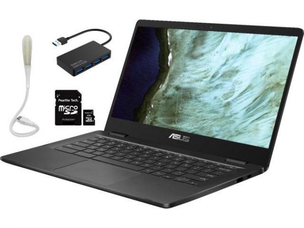ASUS Chromebook 14.0" 1366 x 768 HD Display Laptop, Intel Celeron N3350, 4GB Memory 32GB eMMC, Bluetooth, Slate Gray, Bundle with Pearlite Tech 16GB Micro SD Card & 4 Port USB 3.0 Hub & USB Light ASUS