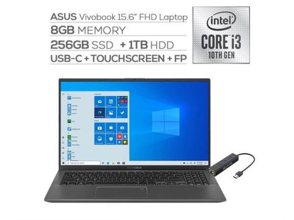 ASUS VivoBook 15.6" FHD Touchscreen Laptop, 1080p NanoEdge, Inetl Core i3-1005G1 Dual-Core, 8GB RAM, 256GB SSD+1TB HDD, USB-C, FP Reader, WebCam, Mytrix Ethernet Hub, Win 10 S ASUS