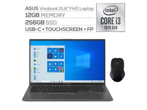 ASUS VivoBook 15.6" FHD Touchscreen Laptop, 1080p NanoEdge, Inetl Core i3-1005G1 Dual-Core, 12GB RAM, 256GB SSD, USB-C, FP Reader, WebCam, Mytrix Wireless Mouse, Win 10 S ASUS