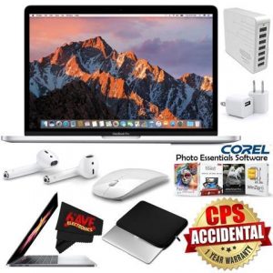 Apple 13.3" MacBook Pro (Mid 2017, Silver) MPXR2LL/A + Apple AirPods Wireless Bluetooth Earphones + Travel USB 5V Wall Charger for iPhone/iPad (White) Bundle Apple