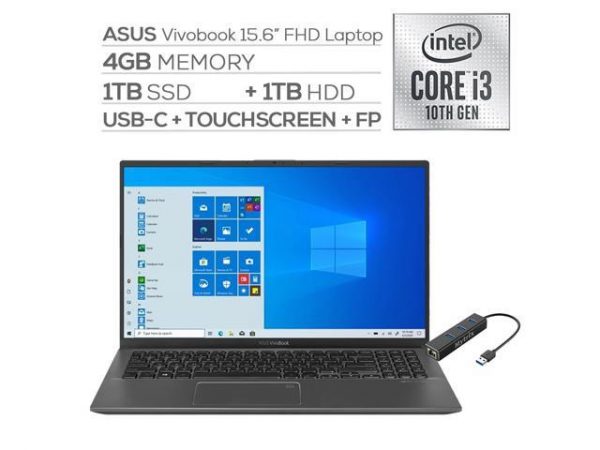 ASUS VivoBook 15.6" FHD Touchscreen Laptop, 1080p NanoEdge, Inetl Core i3-1005G1 Dual-Core, 4GB RAM, 1TB SSD+1TB HDD, USB-C, FP Reader, WebCam, Mytrix Ethernet Hub, Win 10 S ASUS