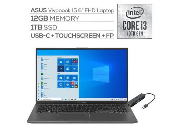 ASUS VivoBook 15.6" FHD Touchscreen Laptop, 1080p NanoEdge, Inetl Core i3-1005G1 Dual-Core, 12GB RAM, 1TB SSD, USB-C, FP Reader, WebCam, Mytrix Ethernet Hub, Win 10 S ASUS