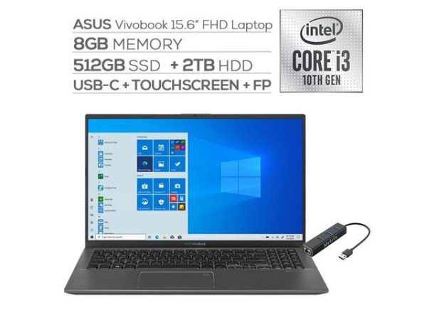 ASUS VivoBook 15.6" FHD Touchscreen Laptop, 1080p NanoEdge, Inetl Core i3-1005G1 Dual-Core, 8GB RAM, 512GB SSD+2TB HDD, USB-C, FP Reader, WebCam, Mytrix Ethernet Hub, Win 10 S ASUS