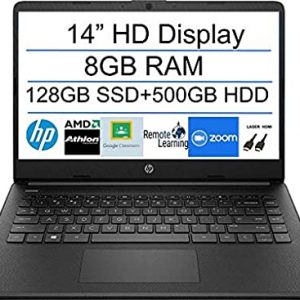 2020 Newest HP 14 Inch Premium Laptop, AMD Athlon Silver 3050U up to 3.2 GHz(Beat i5-7200U), 8GB DDR4 RAM, 128GB SSD+500GB HDD, Bluetooth, Webcam,WiFi,Type-C, HDMI, Windows 10 S, Black + Laser HDMI