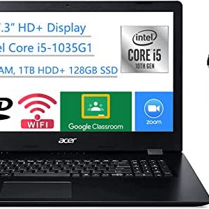 2021 Acer Aspire 3 17.3'' HD+ Laptop, 4-core Intel Core i5-1035G1(up to 3.60 GHz), 20GB RAM, 1TB HDD+ 128GB SSD, HDMI WiFi RJ-45 Bluetooth Webcam DVD-RW, Win 10 w/Ghost Manta Accessories