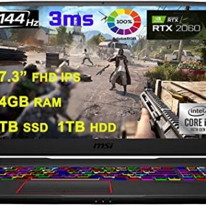 2021 Flagship MSI GE75 Raider Gaming Laptop 17.3” FHD IPS 144Hz 3ms 100% sRBG 10th Gen Intel 6-Core i7-10750H 64GB RAM 1TB SSD + 1TB HDD GeForce RTX 2060 6GB Backlit USB-C Win10 + iCarp HDMI Cable