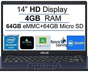 2021 Newest ASUS E410 14" Thin and Light Laptop Computer, Intel Celeron N4020 (up to 2.8GHz), 4GB RAM, 128GB Space(64GB eMMC+64GB MSD), WiFi, Bluetooth, HDMI, Webcam, Black, Windows 10 S+AllyFlex MP