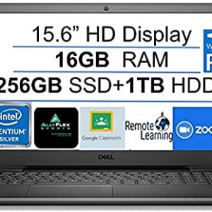 2021 Newest Dell Inspiron 15 Business Laptop Computer 15.6" HD Display, Intel Quad-Core Pentium N5030(Up to 3.1GHz), 16GB RAM, 256GB SSD+1TB HDD, WiFi, Bluetooth, HDMI, Webcam, Windows 10 PRO, Gift MP