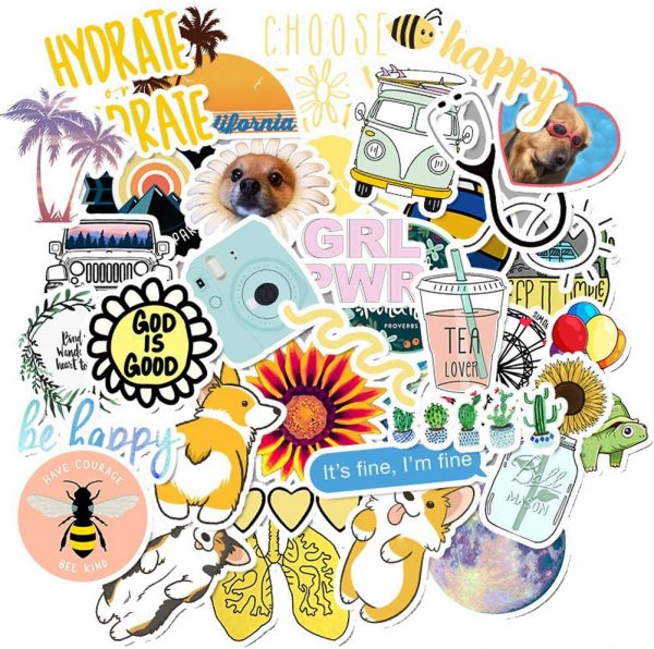 50pcs Vinyl Aesthetic Stickers for Water Bottles Laptop, Cute VSCO Hydroflask Stickers for Skateboard Notebooks Journals Luggage, Great Gift for Teen Girls (Multi-50pcs)