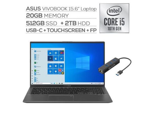 ASUS VivoBook 15.6" FHD Touchscreen Laptop, 1080p NanoEdge, Inetl Core i5-1035G1 Quad-Core, 20GB RAM, 512GB SSD+2TB HDD, USB-C, FP Reader, WebCam, KeyPad, Mytrix Ethernet Hub, Win 10 ASUS