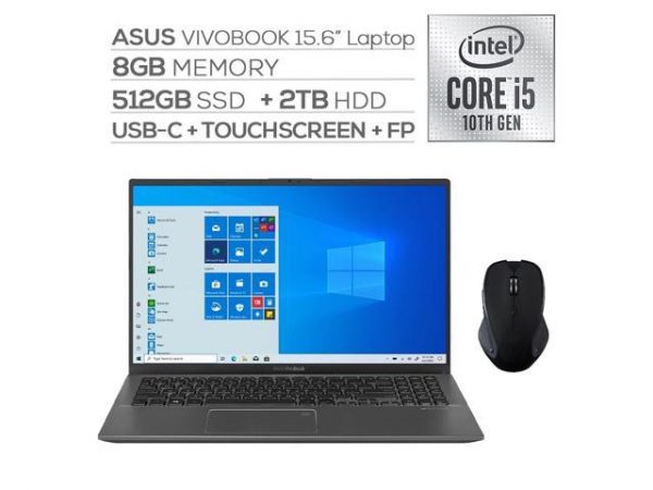 ASUS VivoBook 15.6" FHD Touchscreen Laptop, 1080p NanoEdge, Inetl Core i5-1035G1 Quad-Core, 8GB RAM, 512GB SSD+2TB HDD, USB-C, FP Reader, WebCam, KeyPad, Mytrix Wireless Mouse, Win 10 ASUS