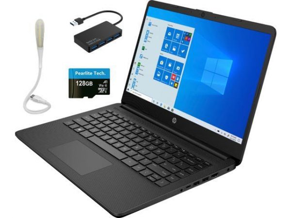 HP Stream 14" Laptop, Intel Celeron N4020, 4GB RAM, 64GB eMMC, Windows 10 S with One-year Microsoft 365 for Online Study, Black, Bundle Pearlite Tech 128GB Micro SD Card & 4 Port USB Hub & LED Light HP