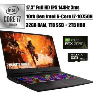 MSI GE75 Raider 2020 Premium Gaming Laptop I 17.3" FHD IPS 144Hz I 10th Gen Intel Hexa-Core i7-10750H I 32GB DDR4 1TB SSD + 2TB HDD I 6GB RTX 2060 RGB Backlit KB Win 10 + Delca 16GB Micro SD Card