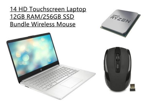New HP 14" HD Touchscreen Laptop | AMD Ryzen 3 3250U Processor | AMD Radeon Graphics | 12GB RAM | 256GB SSD| Windows 10 Home| Bundle Woov Wireless Mouse HP