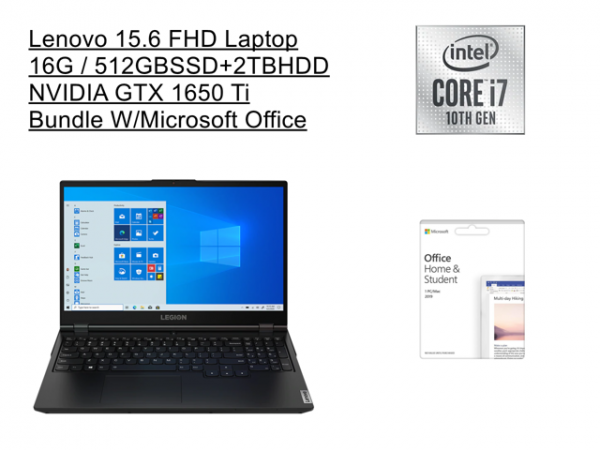 New Lenovo Legion 15.6 FHD Laptop | i7-10750H Processor | GTX1650Ti | 16G RAM | 512GB SSD +2TB HDD | Backlit Keyboard | Windows 10 Home | Bundle with Microsoft Office Lenovo