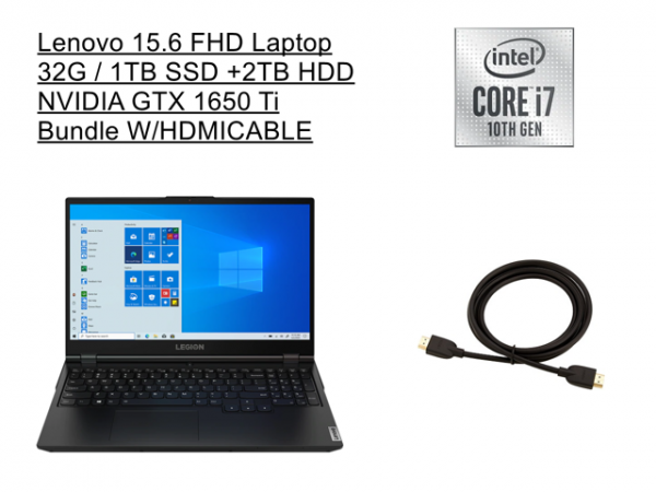 New Lenovo Legion 15.6 FHD Laptop | i7-10750H Processor | GTX1650Ti | 32G RAM | 1TB SSD +2TB HDD | Backlit Keyboard | Windows 10 Home | Bundle with HDMI Cable Lenovo