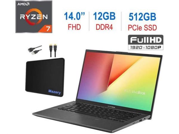 Newest ASUS VivoBook 14-inch FHD 1080p Laptop PC, AMD Ryzen 7 3700U, 12GB DDR4, 512GB PCIe SSD, Fingerprint Reader, Backlit Keyboard, AMD Radeon RX Vega 10 Graphics, W10 Home w/Mazery Accessories ASUS