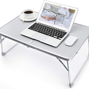 RAINBEAN Foldable Laptop Table for Bed Lightweight Breakfast Bed Tray Portable Mini Picnic Storage Space Standing Holder, Folding Leg Desk Notebook Lap Table for Kids Do Homework Reading -Silver