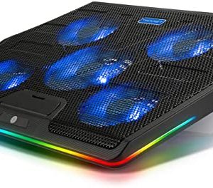 TECKNET RGB Laptop Cooling Pad Cooler for 15.6-17 Inch Laptop with 5 Quiet Fans and Touch Control, 2 USB Port