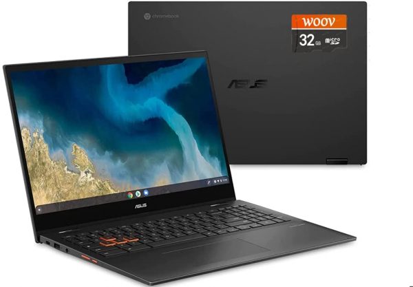 ASUS Flip CM5500 Chromebook, 15.6" Touchscreen FHD (1920x1080) 250-Nits Display, AMD Ryzen 5 3500U，8GB RAM, 128GB SSD, Backlit Keyboard, Wi-Fi 6, with WOOV 32GB SD Card