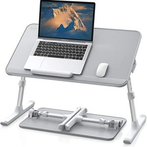 SAIJI Leather Laptop Bed Tray Table, Adjustable Laptop Stand with Removable Stopper, Portable Lap Desks with Foldable Legs, Notebook Stand Breakfast Reading Desk for Sofa Couch(Medium,Gray)