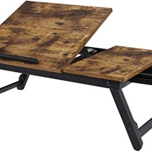 SONGMICS Laptop Desk for Bed or Sofa with Adjustable Tilting Top, Breakfast Serving Tray with Height Adjustable Folding Legs, Fits Screen Size up to 15.6 Inches, Floor Desk, Rustic Brown ULLD105B01
