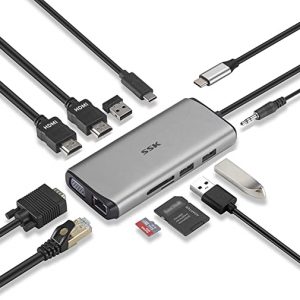SSK USB C Docking Station,11 in 1 Triple Displays USB Dock Dual Monitor of HDMI, VGA, Multiport Adapter with Ethernet,PD3.0,SD TF Card Reader,3USBs for MacBook Pro/Air(Thunderbolt 3) Typc C Laptop