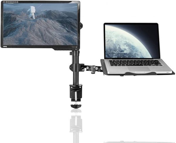 Suptek Full Motion Computer Monitor and Laptop Riser Desk Mount Stand, Height Adjustable (400mm), Fits 13-27 inch Screen and up to 17 inch Notebooks, VESA 75/100, up to 22lbs for Each (MD6432TP004WB)