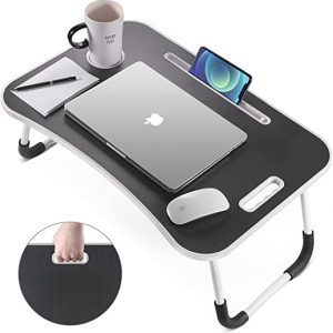 VANSPACE Bed Table, Foldable Lap Desk Portable Lap Standing Desk Breakfast Tray Small Dormitory Table with Cup Slot, Notebook Stand Reading Holder & Handle for Sofa, Bed, Terrace, Balcony--Black